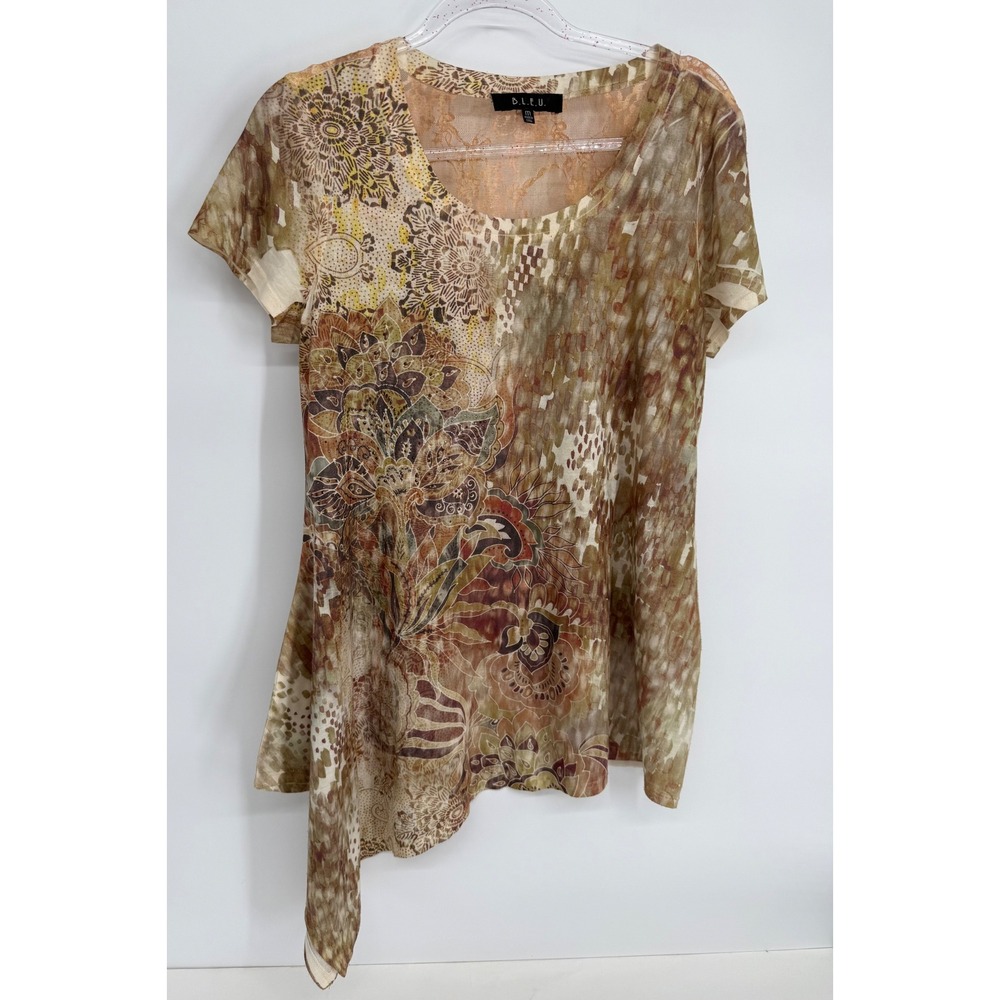 B.L.E.U. Womens Brown Floral Asymmetrical Handkerchief Hem Lace Back Top Sz M